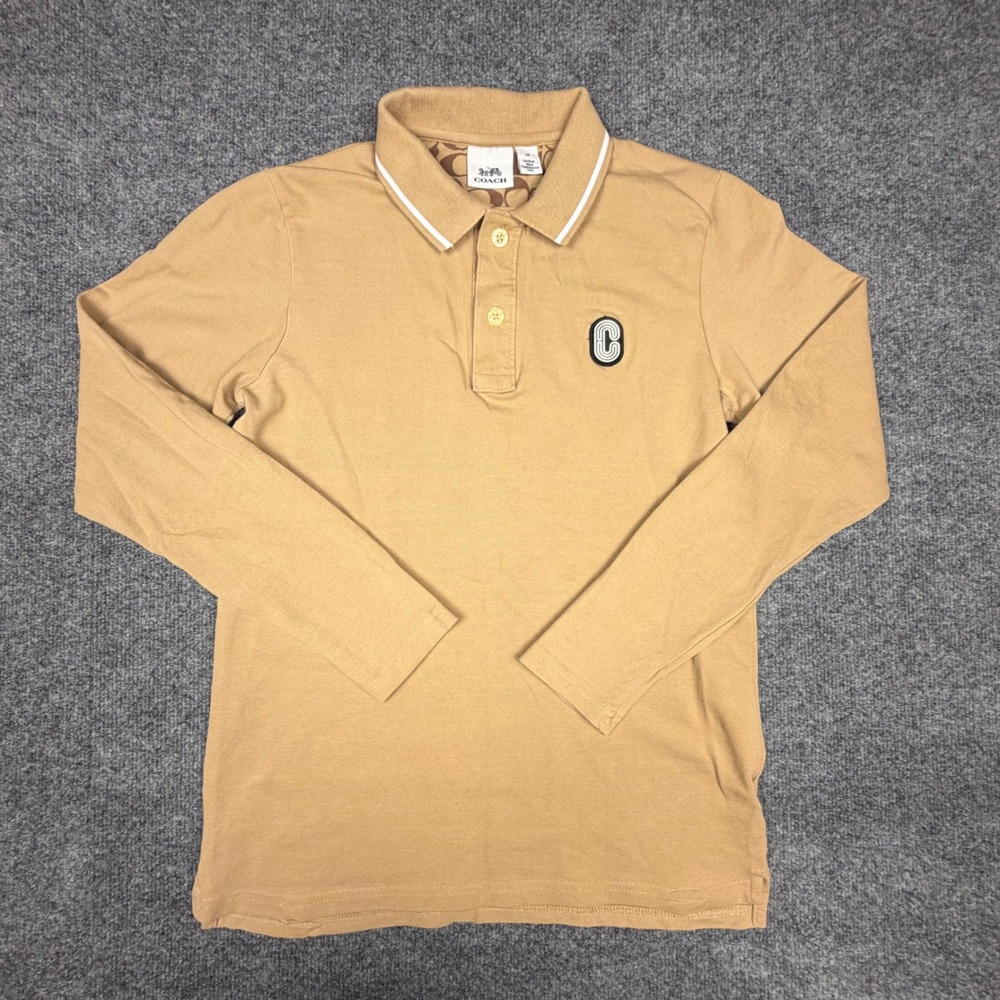 Coach Mens‎ Long Sleeve Polo Shirt Tan Camel C Logo Patch Signature Trim Size M